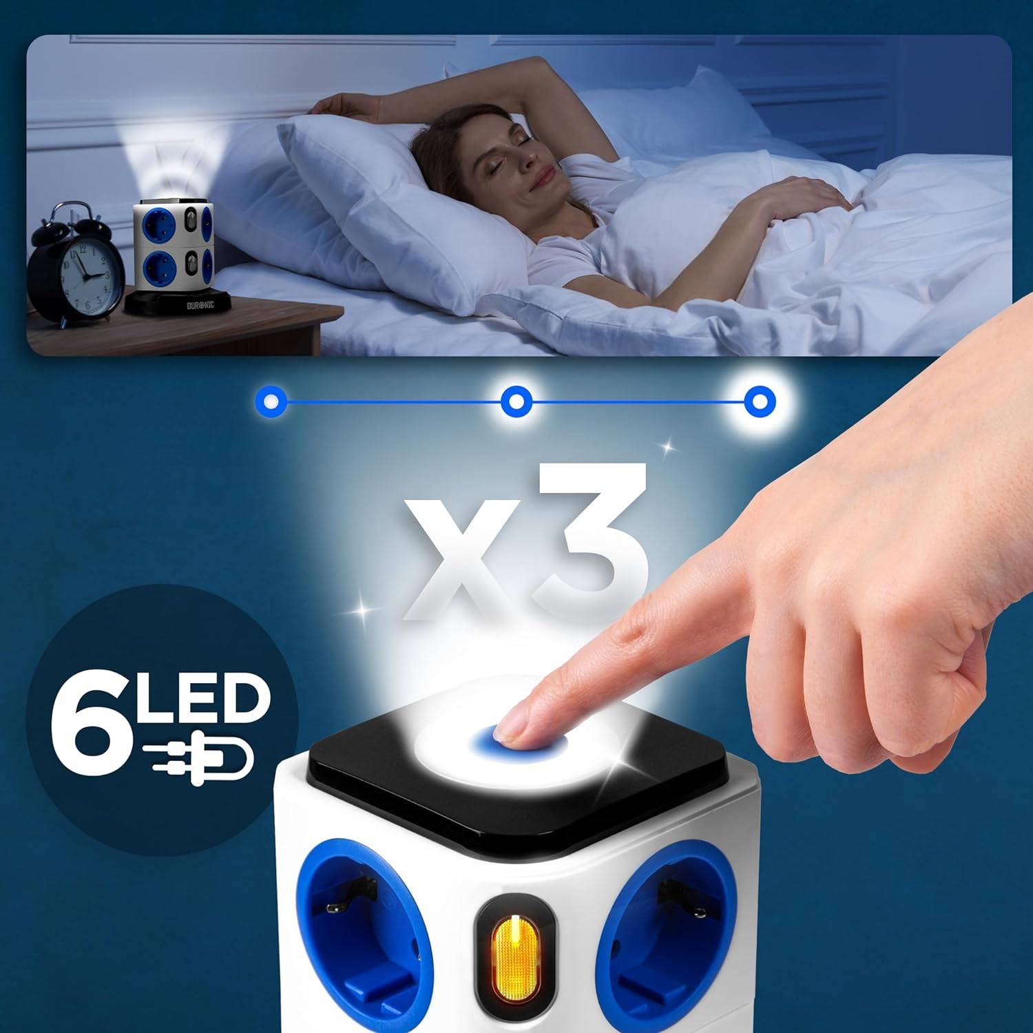 Duronic ET8L Steckdosenleiste | Steckdosenwürfel mit 3x USB A, Nachtlich | 8-Fach Steckdose