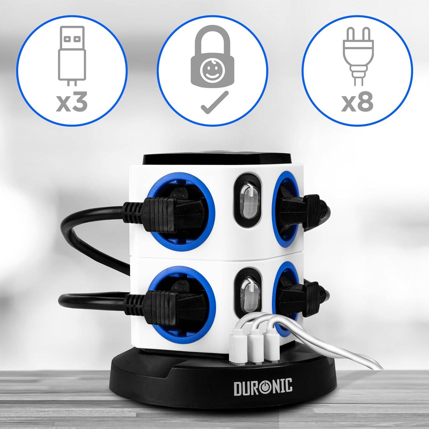 Duronic ET8L Steckdosenleiste | Steckdosenwürfel mit 3x USB A, Nachtlich | 8-Fach Steckdose