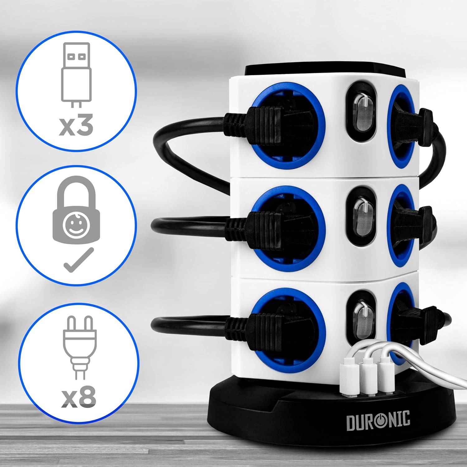 Duronic ET12L Steckdosenleiste | Steckdosenwürfel mit 3x USB A, Nachtlich | 12-Fach Steckdose