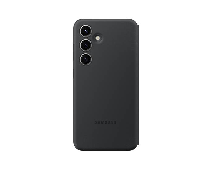 Schwarze Samsung-Smartphone-Hülle von hinten gezeigt, mit drei hinteren Kamera-Aussparungen und einer Blitz-Öffnung.
