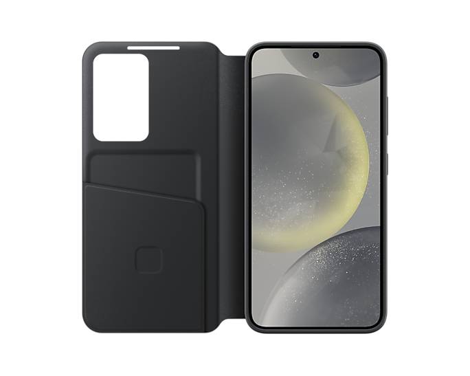 Schwarze Smartphone-Hülle mit Kartenfach, aufgeklappt neben einem Telefon mit grauem abstraktem Hintergrundbild angezeigt.