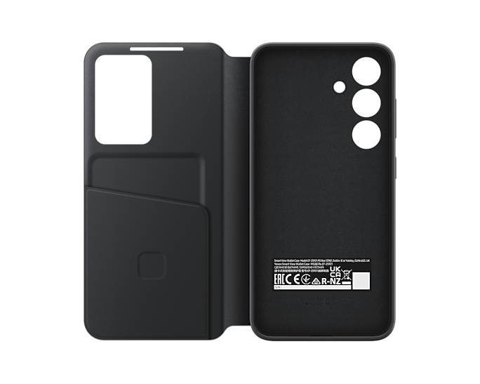 Schwarze Smartphone-Folio-Schutzhülle offen, zeigt vordere Geldbörsentasche und rückwärtige Kameraausschnitte auf der anderen Hälfte.