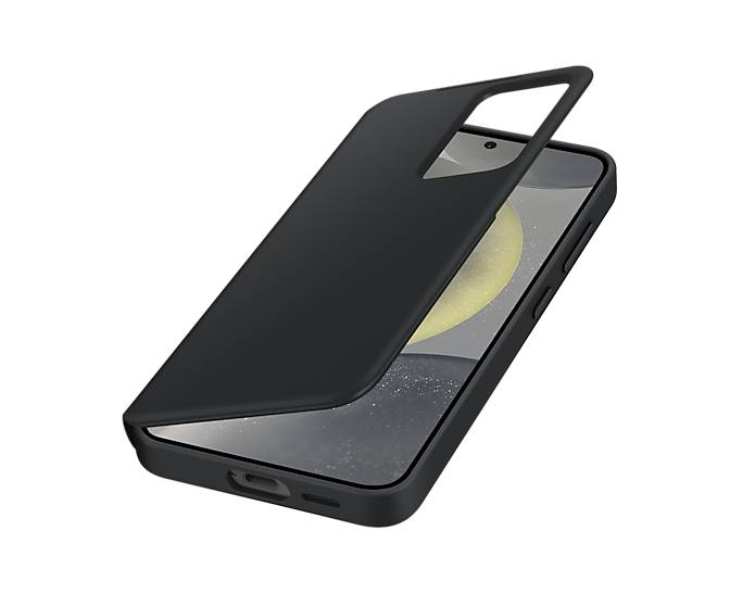 Schwarze Schutzhülle für Smartphone mit klappbarem Deckel, der sich öffnet, um die Kamera- und Bildschirmausschnitte auf einem Telefon freizulegen.