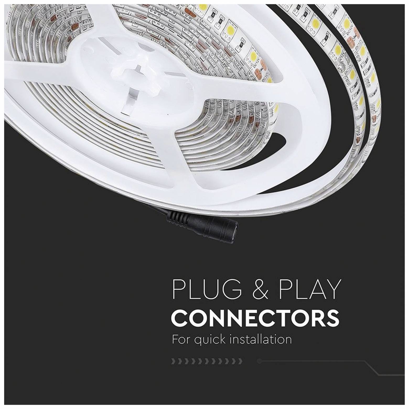 Stecker & Fertig' LED-Streifenlicht-Rolle, Nahaufnahme mit LED-Details und Stecker für schnelle Installation.