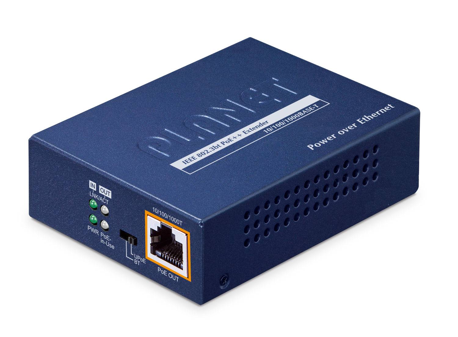 Blauer PoE-Injektor/Power-over-Ethernet-Adapter mit Ethernet-Anschlüssen und Statusleuchten auf der Frontplatte.