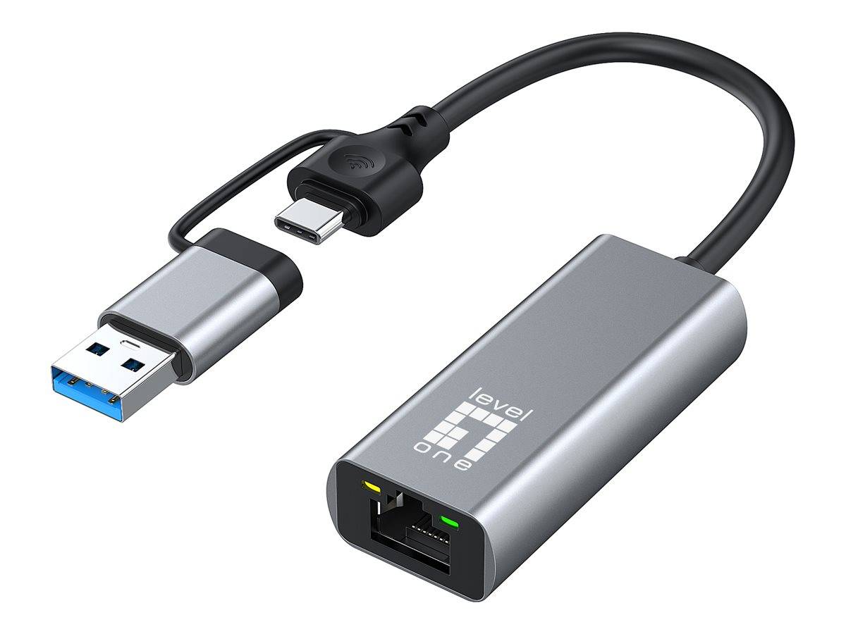 USB-C-zu-Ethernet-Adapterkabel mit USB-A- und USB-C-Anschlüssen, dargestellt als silberner LevelOne-Netzwerk-Adapter-Dongle.