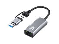 USB-C zu Ethernet-Adapter mit USB-A-Stecker und kompaktem silbernem Gehäuse auf weißem Hintergrund