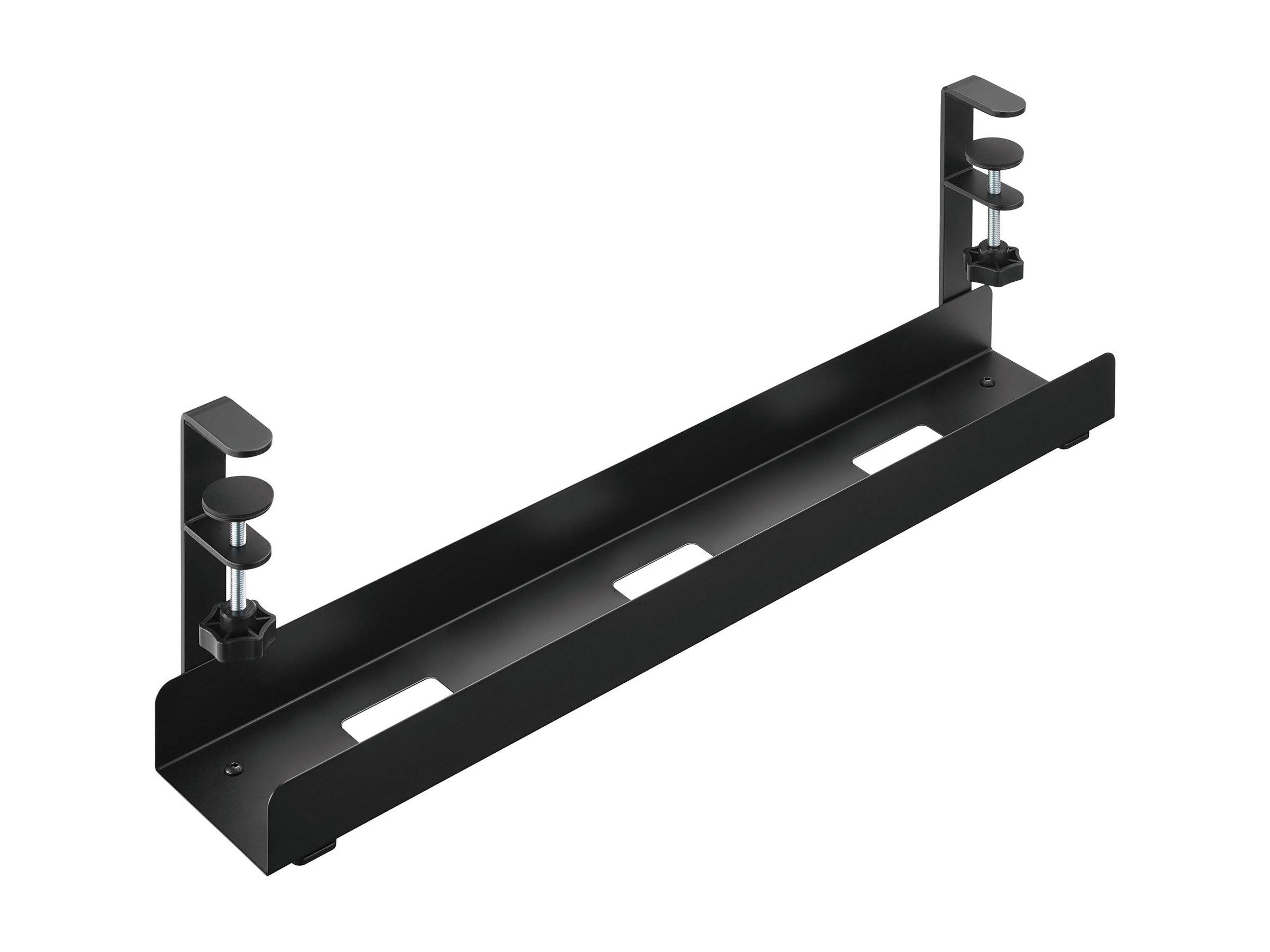 Eine schwarze Metallhalterung mit verstellbaren Klammern, entwickelt zum Montieren oder Befestigen von Geräten wie Soundbars oder AV-Komponenten auf einer Oberfläche.