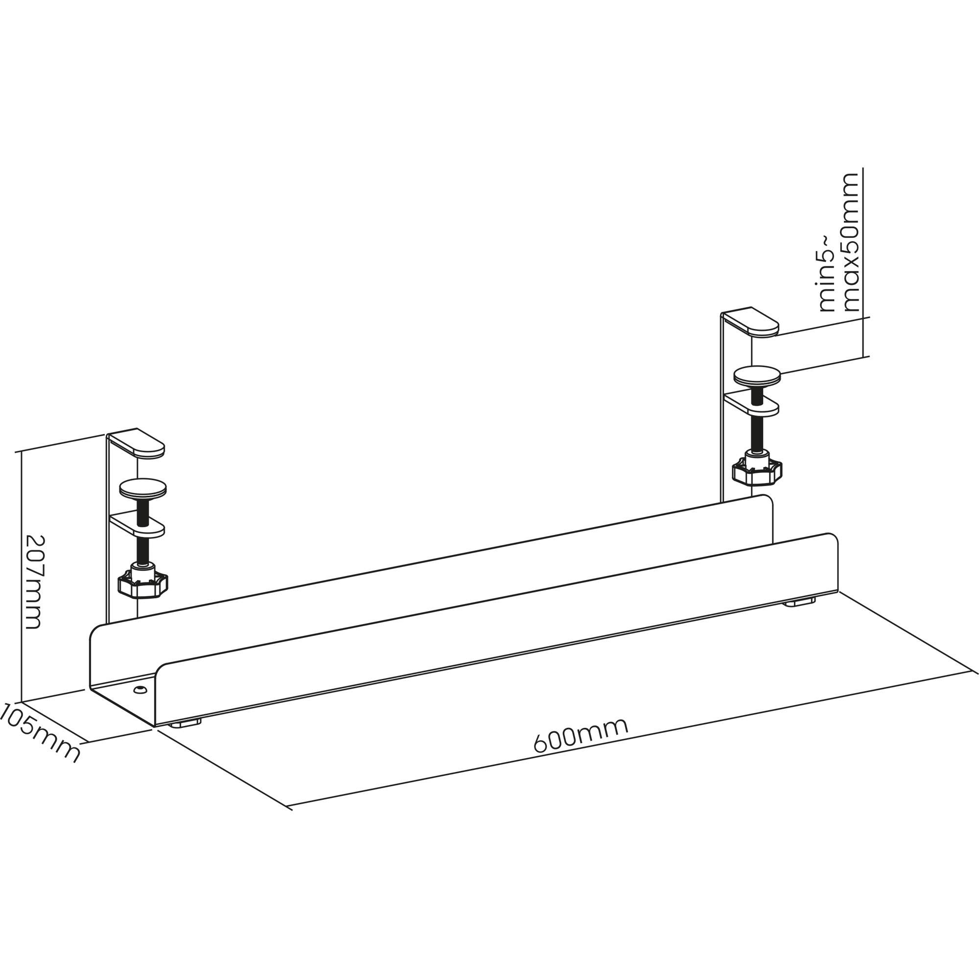 Technische Zeichnung einer Halterung mit zwei vertikalen Stützarmen (207 mm hoch, 105 mm Basis), mit einer Spannweite von 600 mm zwischen den Stützen und verstellbaren Befestigungsbolzen (min. 5-50 mm).