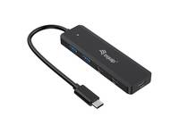 USB-C-Hub-Adapter mit mehreren USB-Anschlüssen und einem angeschlossenen kurzen Kabel auf weißem Hintergrund