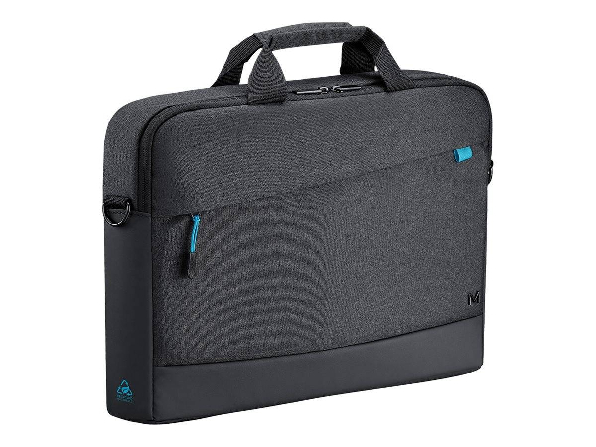 Dunkelgrauer Laptop-Aktenkoffer mit Reißverschluss, Griffgestellen oben und Schultergurt auf weißem Hintergrund.
