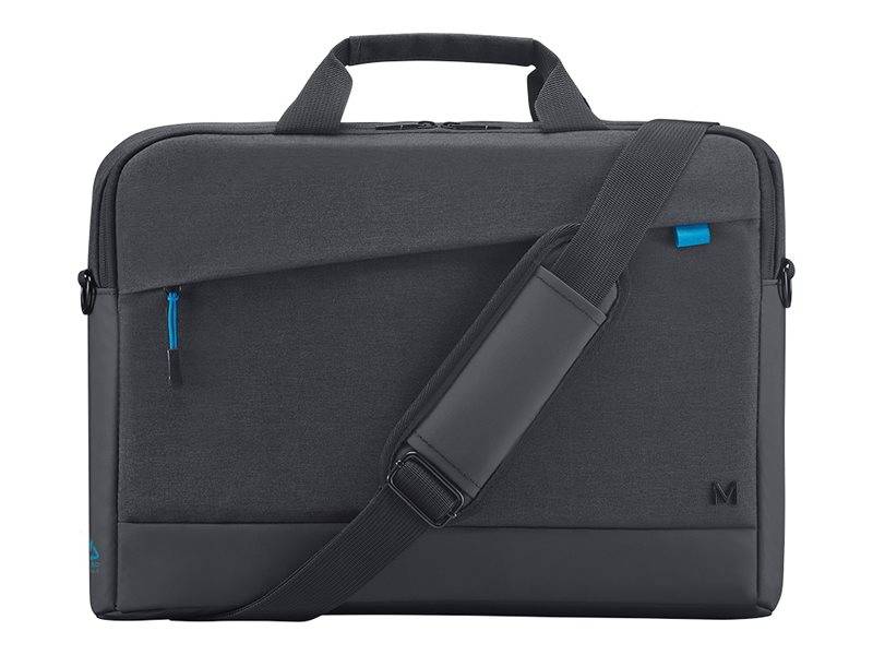 Schwarze Laptop-Aktentasche mit Griff oben, vorderer Reißverschlusstasche und verstellbarem Schultergurt auf weißem Hintergrund.