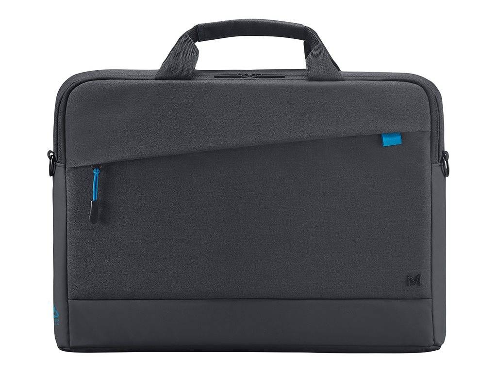 Dunkelgraue Laptop-Aktentasche mit Griff oben, vorderer Reißverschlusstasche und Schultergurt-Befestigungen auf neutralem Hintergrund.