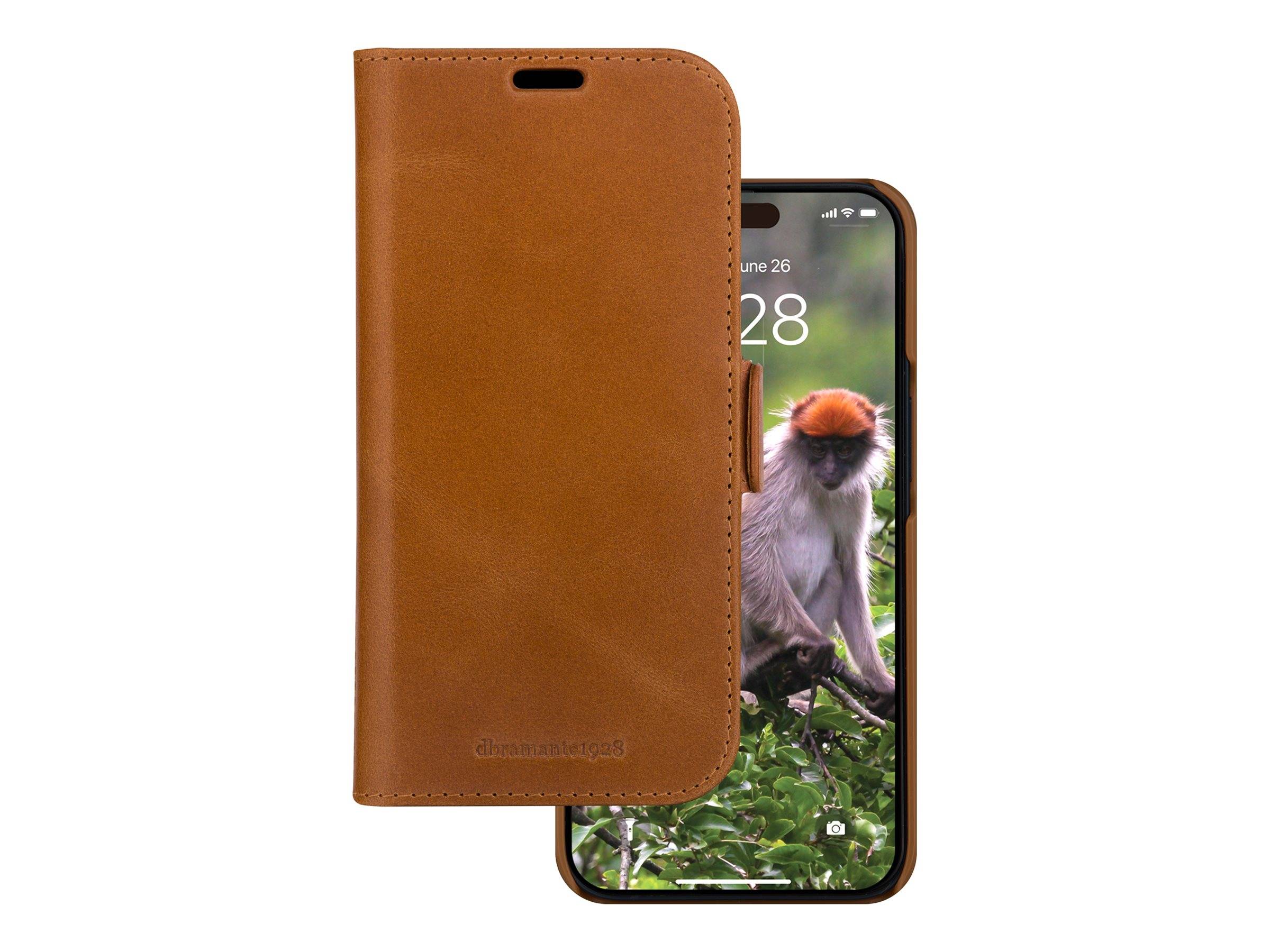 Telefon mit brauner Lederhülle; Bildschirm zeigt einen Affen, der zwischen Blättern sitzt.