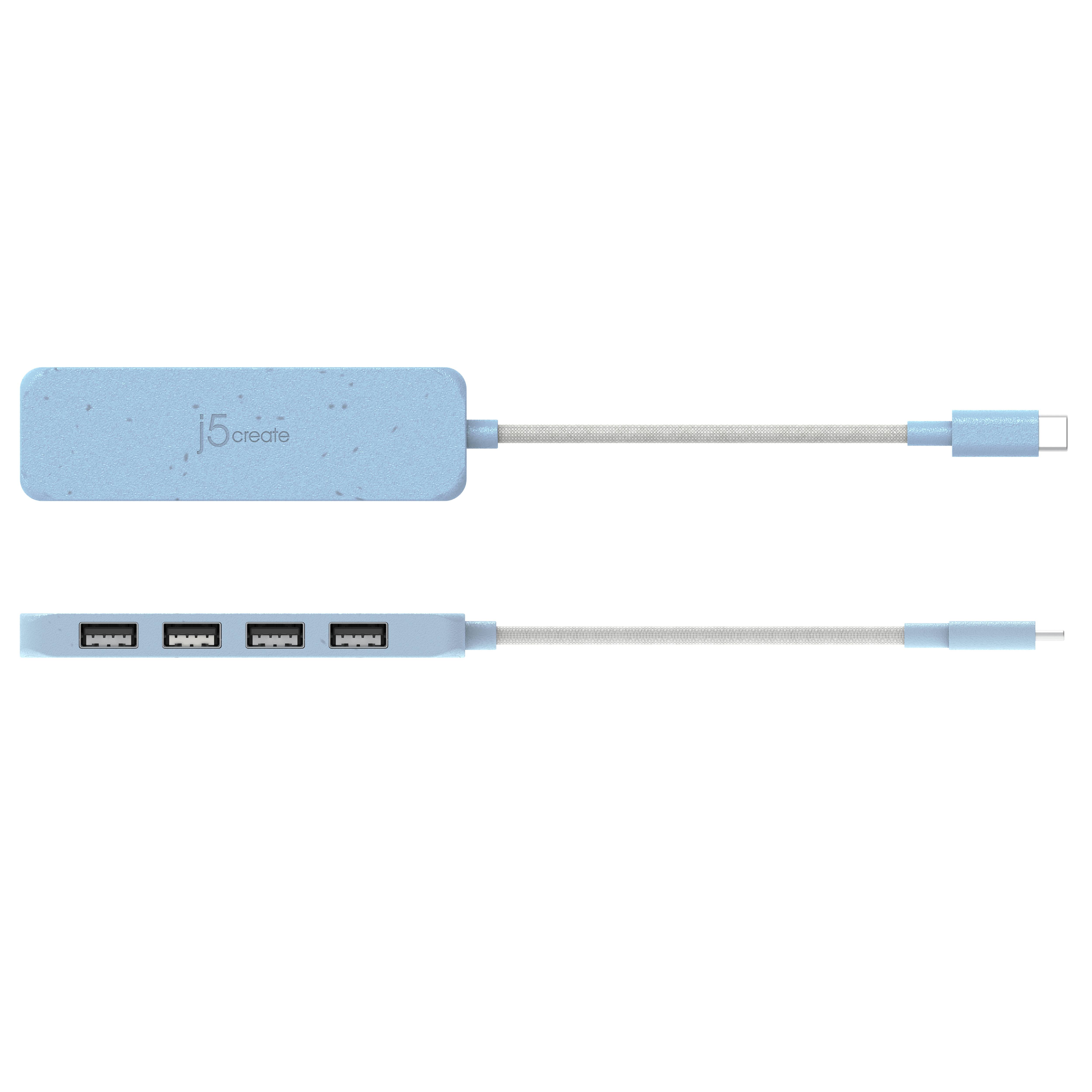 Blue J5create USB-Hub-Adapter von vorne und hinten gezeigt, mit vier USB-Anschlüssen und angebrachtem Kabel.