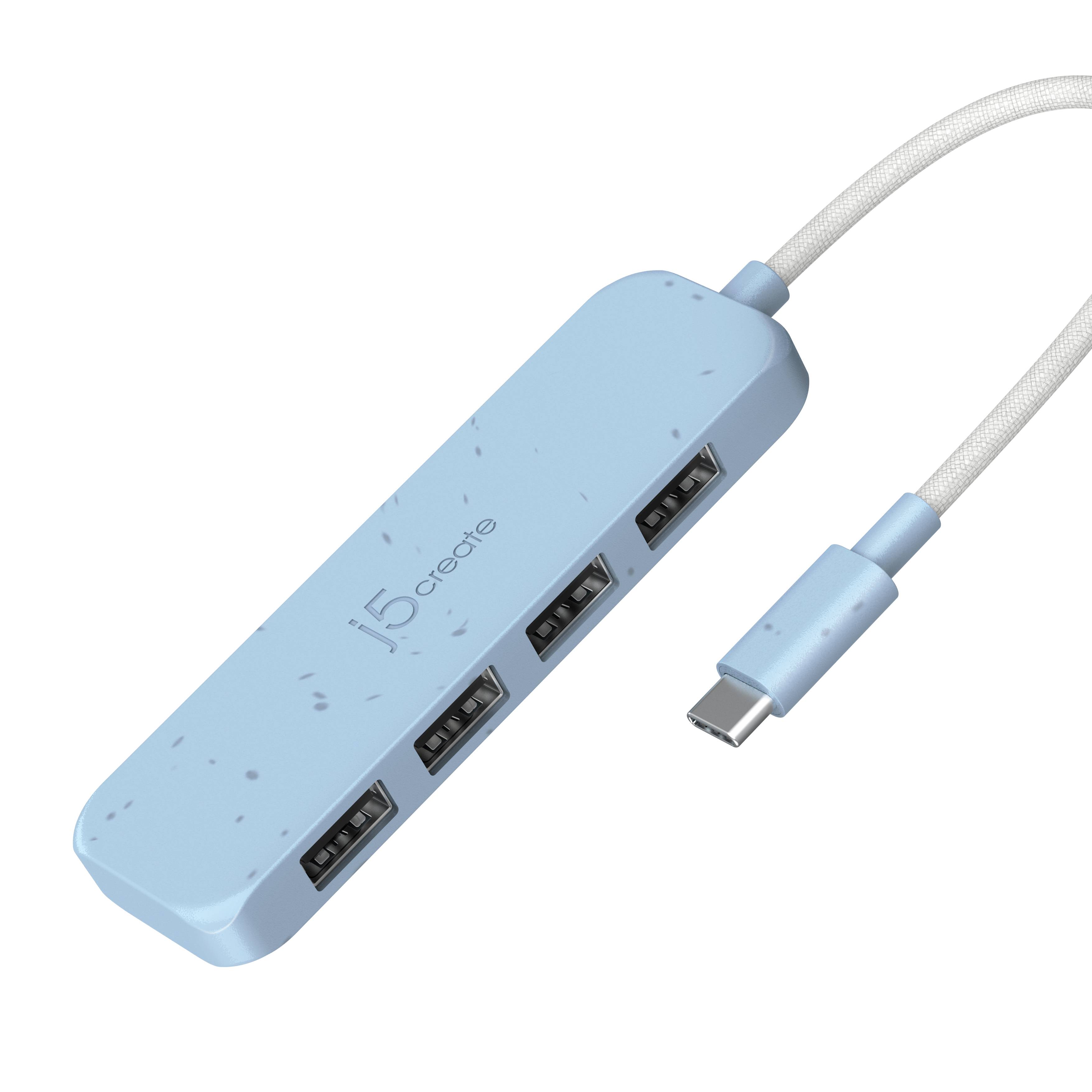 Hellblaue USB-C-Hub mit vier USB-A-Anschlüssen und einem angeschlossenen USB-C-Kabel auf weißem Hintergrund.
