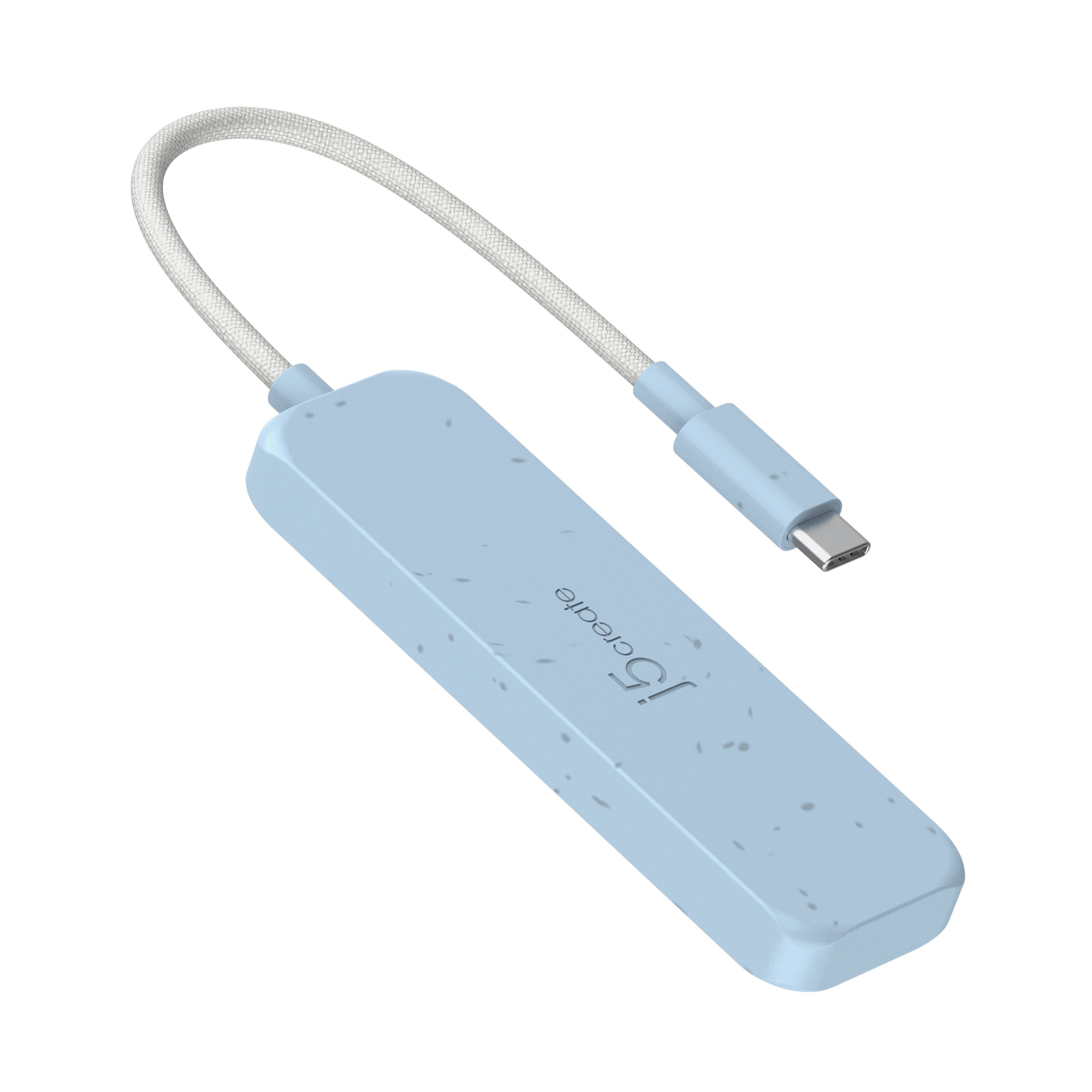 Hellblauer USB-C-zu-HDMI-Adapter-Dongle mit kurzem geflochtenen Kabel und USB-C-Stecker.