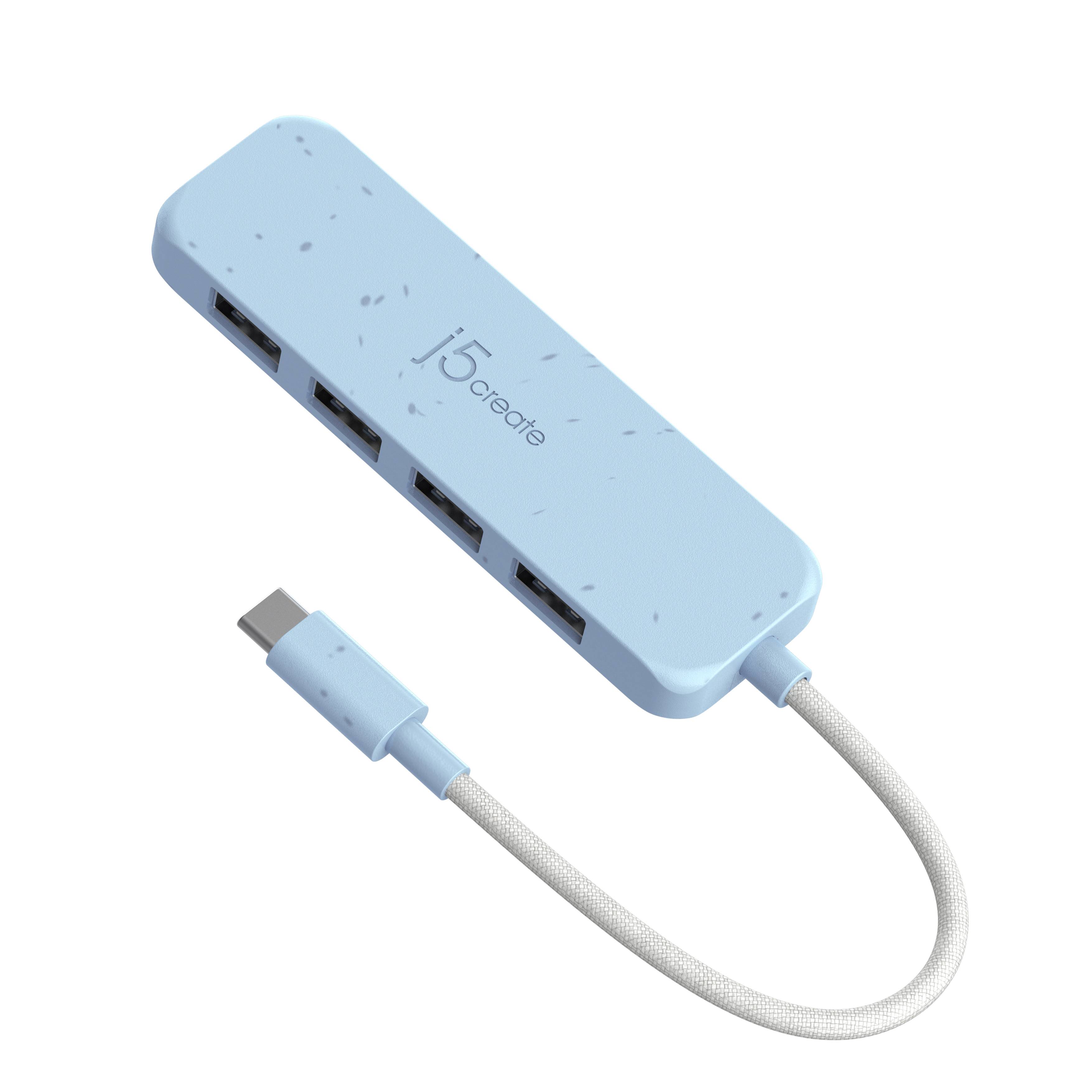 Hellblauer 4-Port-USB-Hub mit angeschlossenem USB-C-Kabel und 
