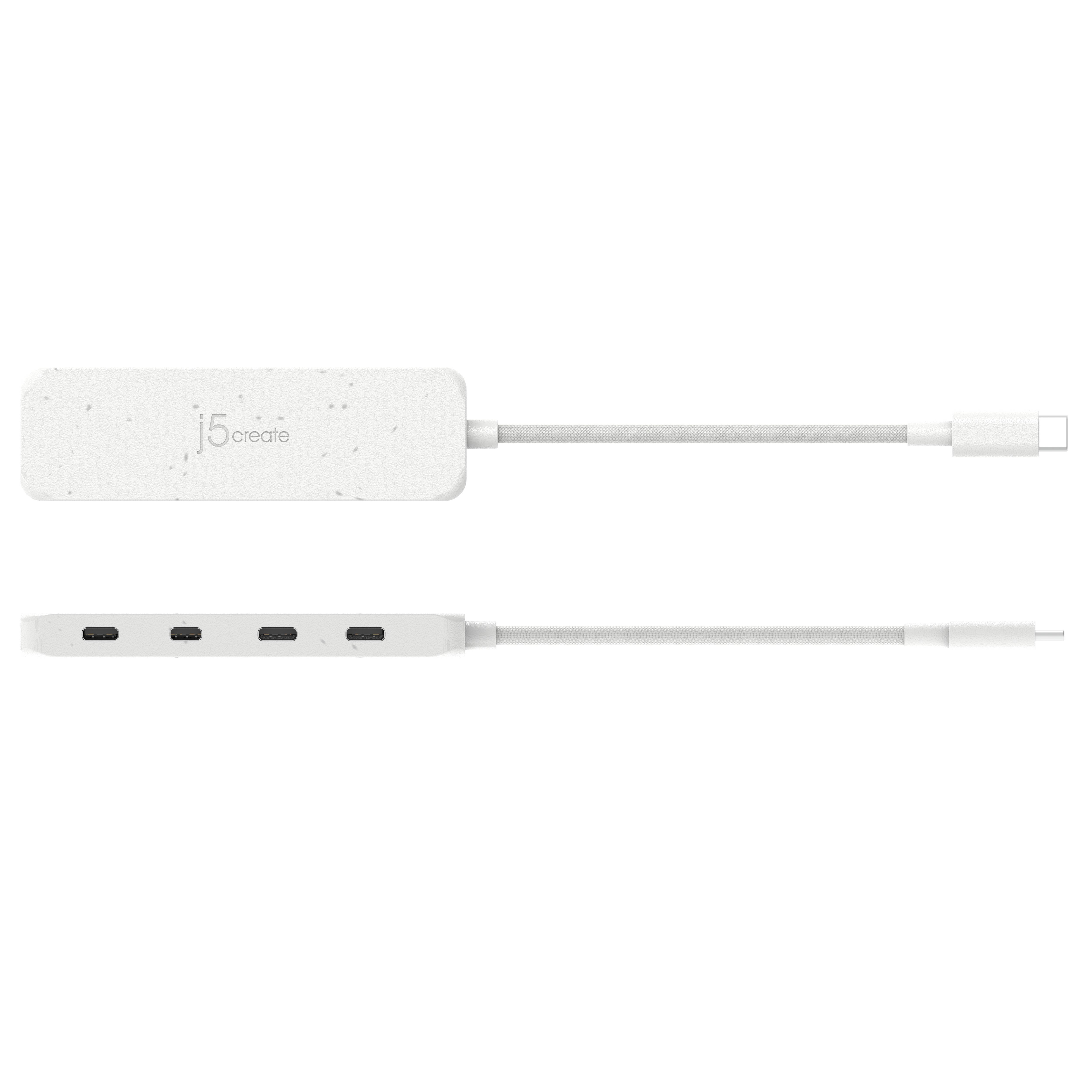 Weißer J5create USB-C-Hub mit vier Anschlüssen, dargestellt von oben und von der Seite auf einfachem weißem Hintergrund.