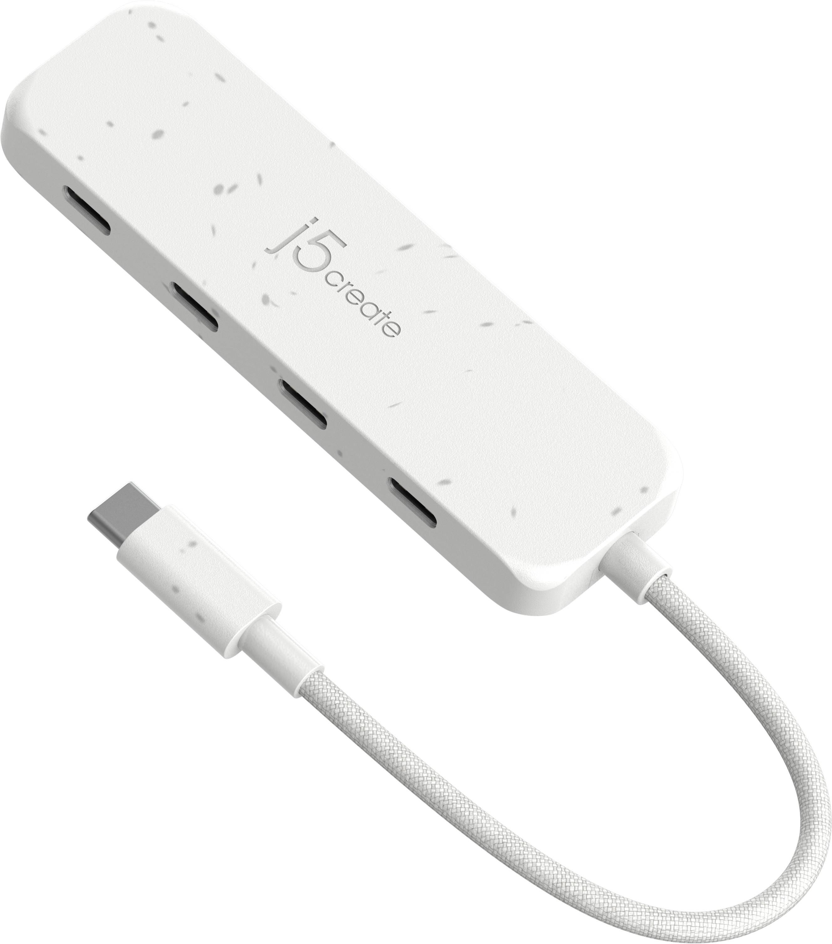 Weißer 5-Port USB-C-Hub mit vier Anschlüssen und einem geflochtenen Kabel mit USB-C-Stecker.