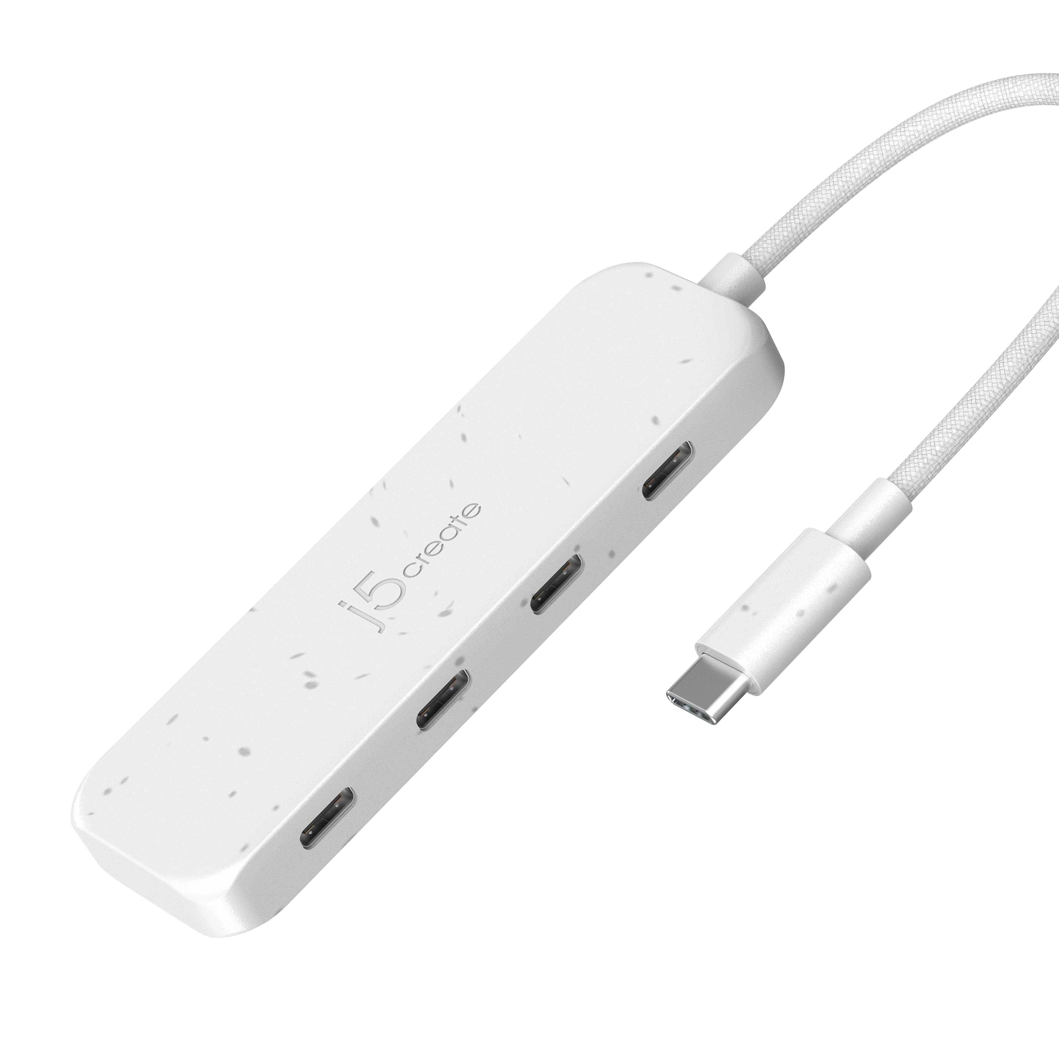 Weißer USB-C-Hub mit vier USB-C-Anschlüssen und angebrachtem geflochtenem Kabel, gezeigt vor einem einfachen Hintergrund.