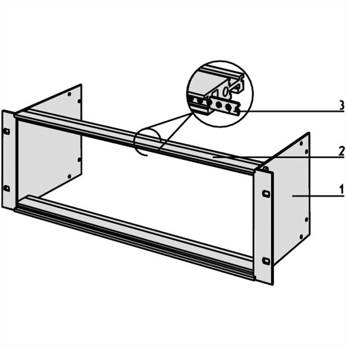 Halterungsbaugruppen-Diagramm mit nummerierten Komponenten: 1. Seitenplatte, 2. Sockel, 3. Verbinderdetailansicht.