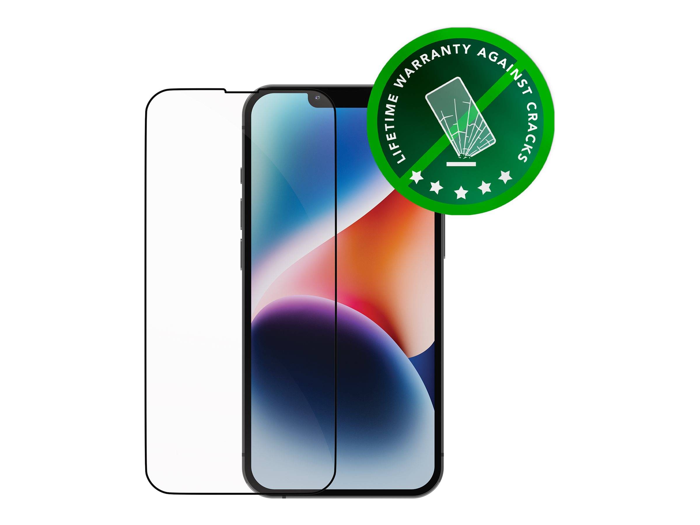 Smartphone mit Displayschutzfolie daneben. Ein grünes Abzeichen trägt die Aufschrift ‚Lebenslange Garantie gegen Risse' mit einem Icon eines gesprungenen Bildschirms.