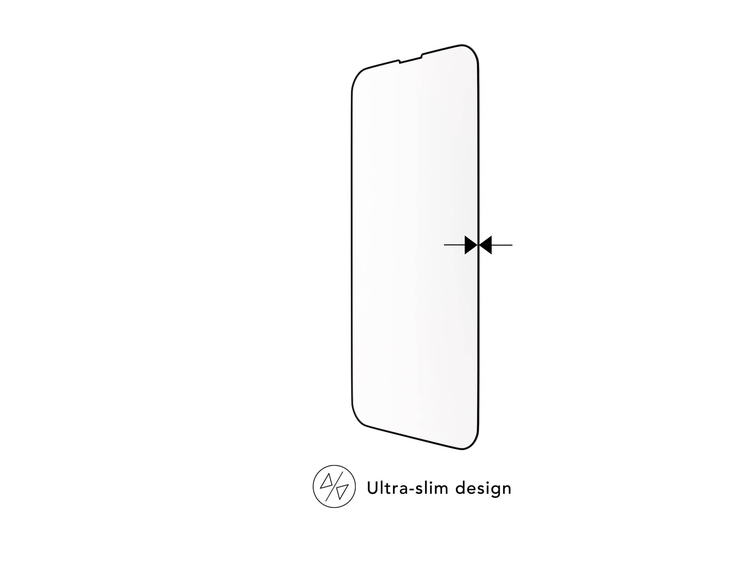 Eine minimalistische Darstellung eines Smartphone-Bildschirms mit Pfeilen, die seine Dünnheit anzeigen. Text lautet: 