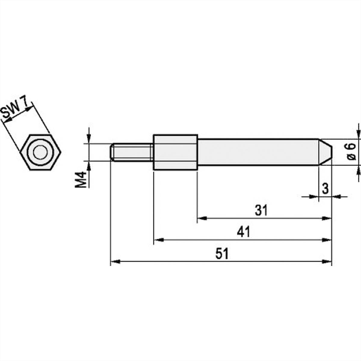 Technische Zeichnung eines Sechskantschrauben mit Innensechskant, mit folgenden Abmessungen: Länge 51 mm, Durchmesser 6 mm. Beschriftungen enthalten M4, SW 7 und Längenbereiche von 31 mm und 41 mm.