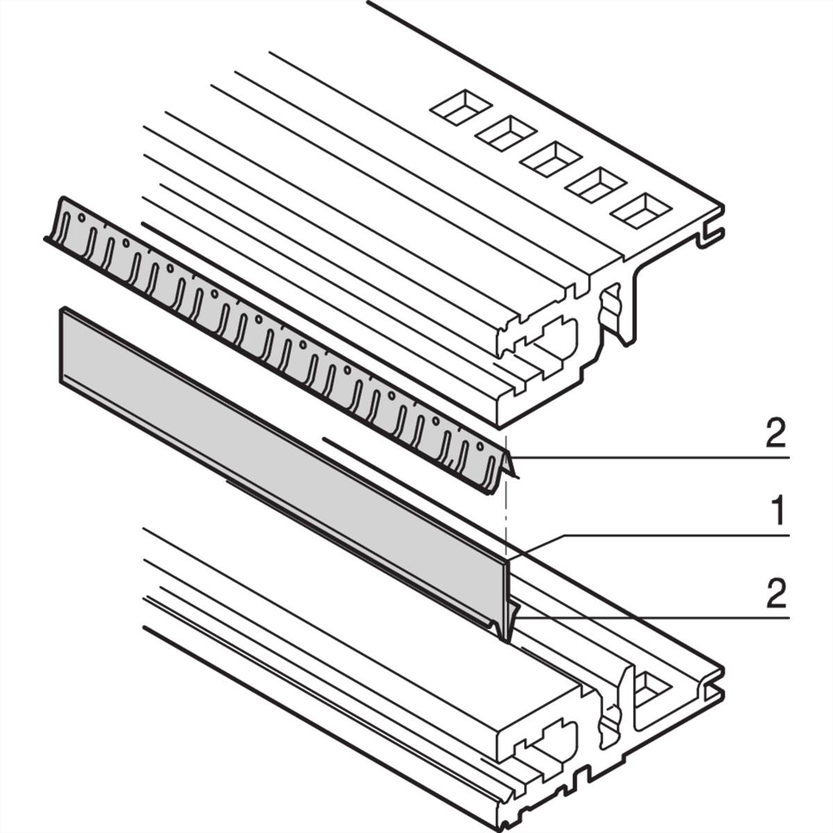 Ein Explosionsdiagramm eines modularen Schienensystems, das Komponenten mit den Bezeichnungen „1