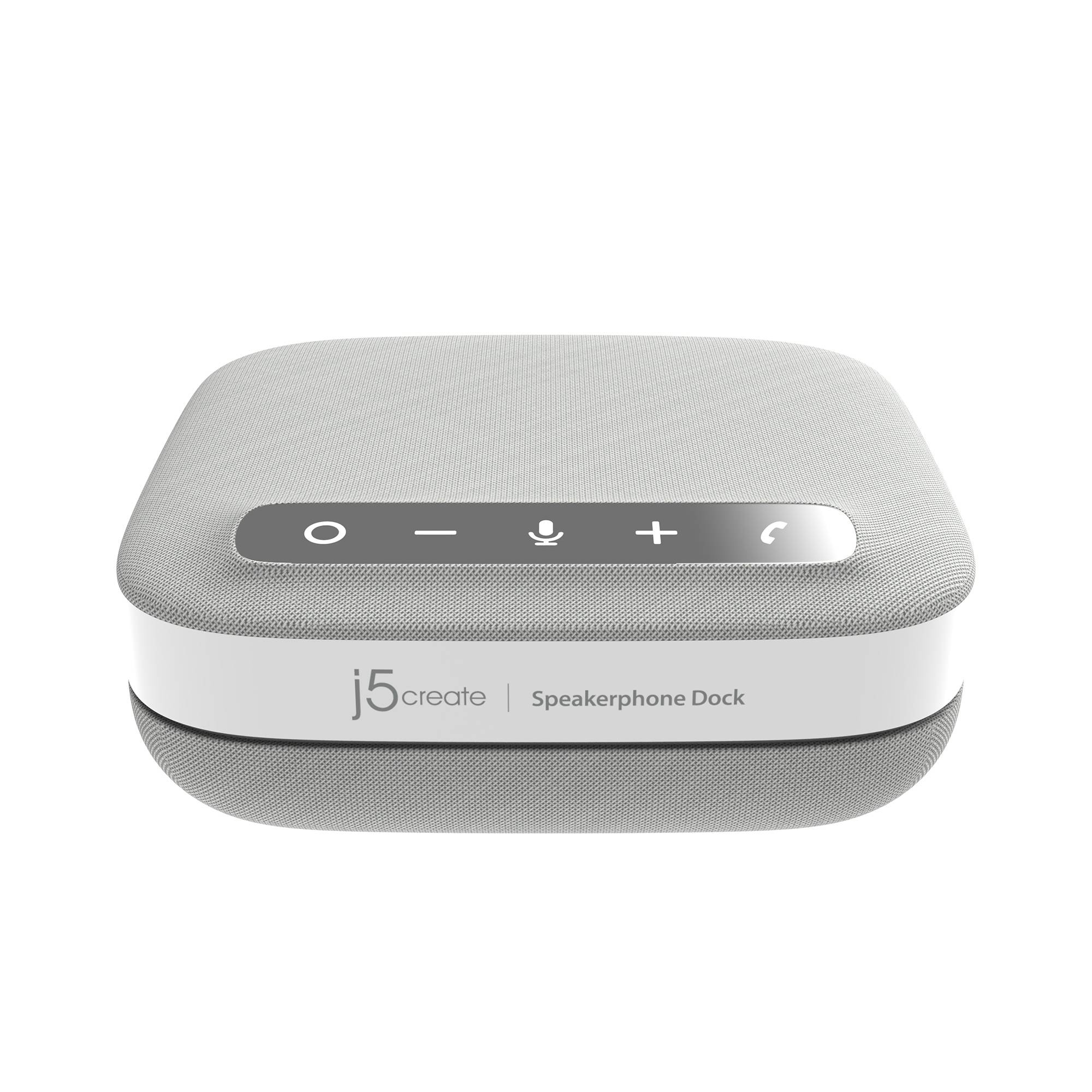 Ein graues J5create Speakerphone Dock mit oben angebrachten Steuertasten für Lautstärke, Mikrofonstummschaltung und Anruffunktionen.