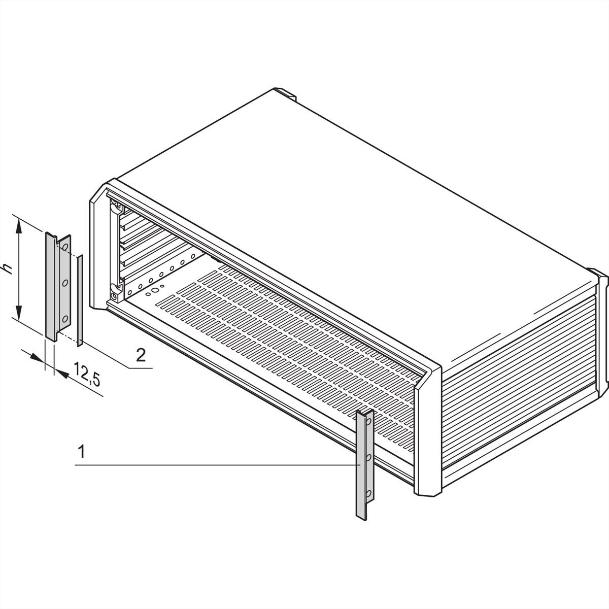 Technische Zeichnung eines rechteckigen Lüftungsgitters mit horizontalen Lamellen, mit Abmessungen von 125 mm Breite und 2 mm Dicke, inklusive Seitenbefestigungen.