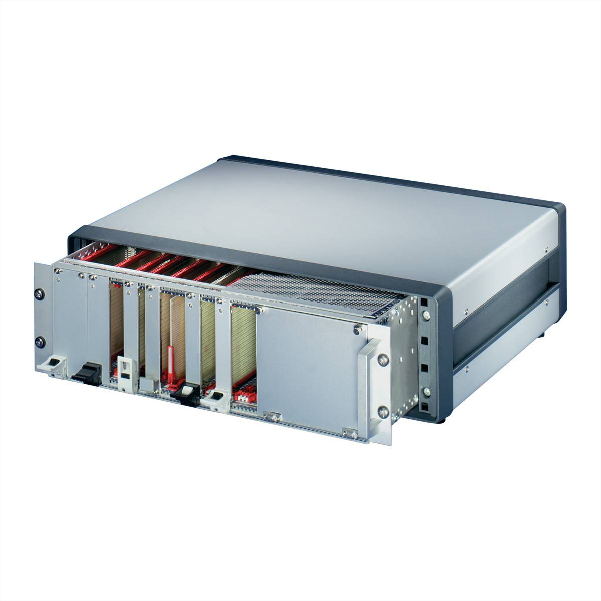 Ein metallisches elektronisches Gerätegehäuse mit sichtbaren Leiterplatten, das zum Schutz und zur Unterbringung von Hardwarekomponenten konzipiert ist.