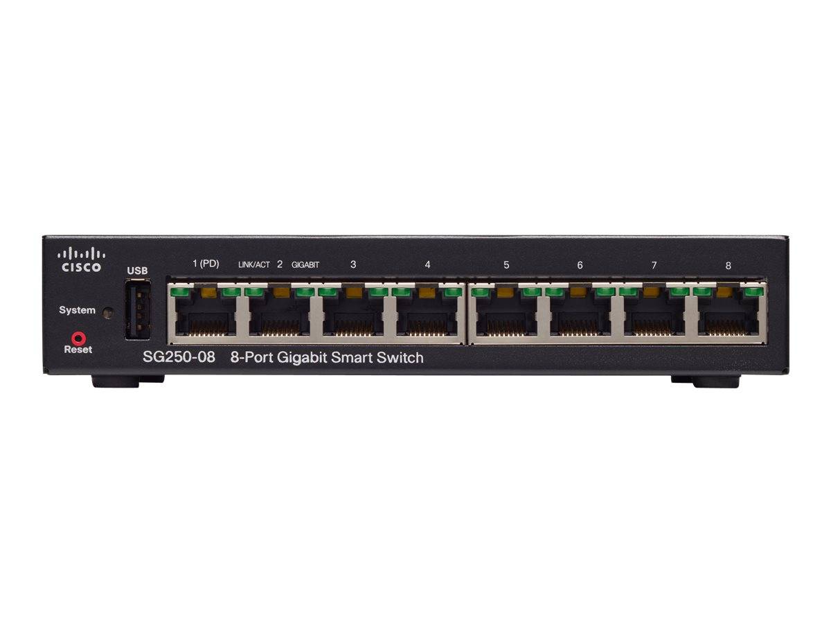 Cisco 250 Series SG250-08 - Switch - L3 - Smart - 8 x 10/100/1000 (1 PoE, 1 PoE+)