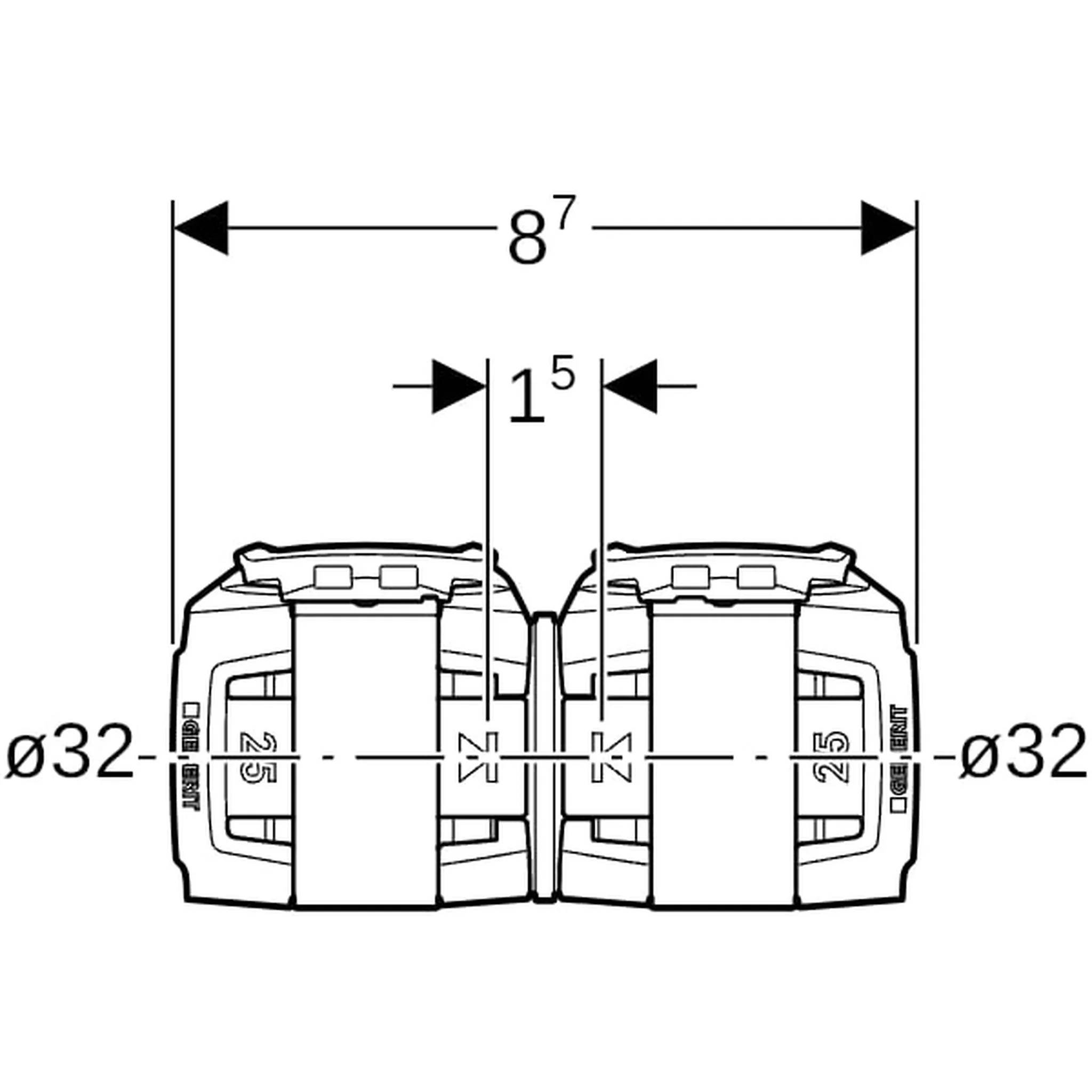 Technische Draufsicht mit Maßen zweier gespiegelter Teile, zeigt eine Gesamtbreite von 8'7', einen zentralen Spalt von 1'5' und ø32-Markierungen auf beiden Seiten.