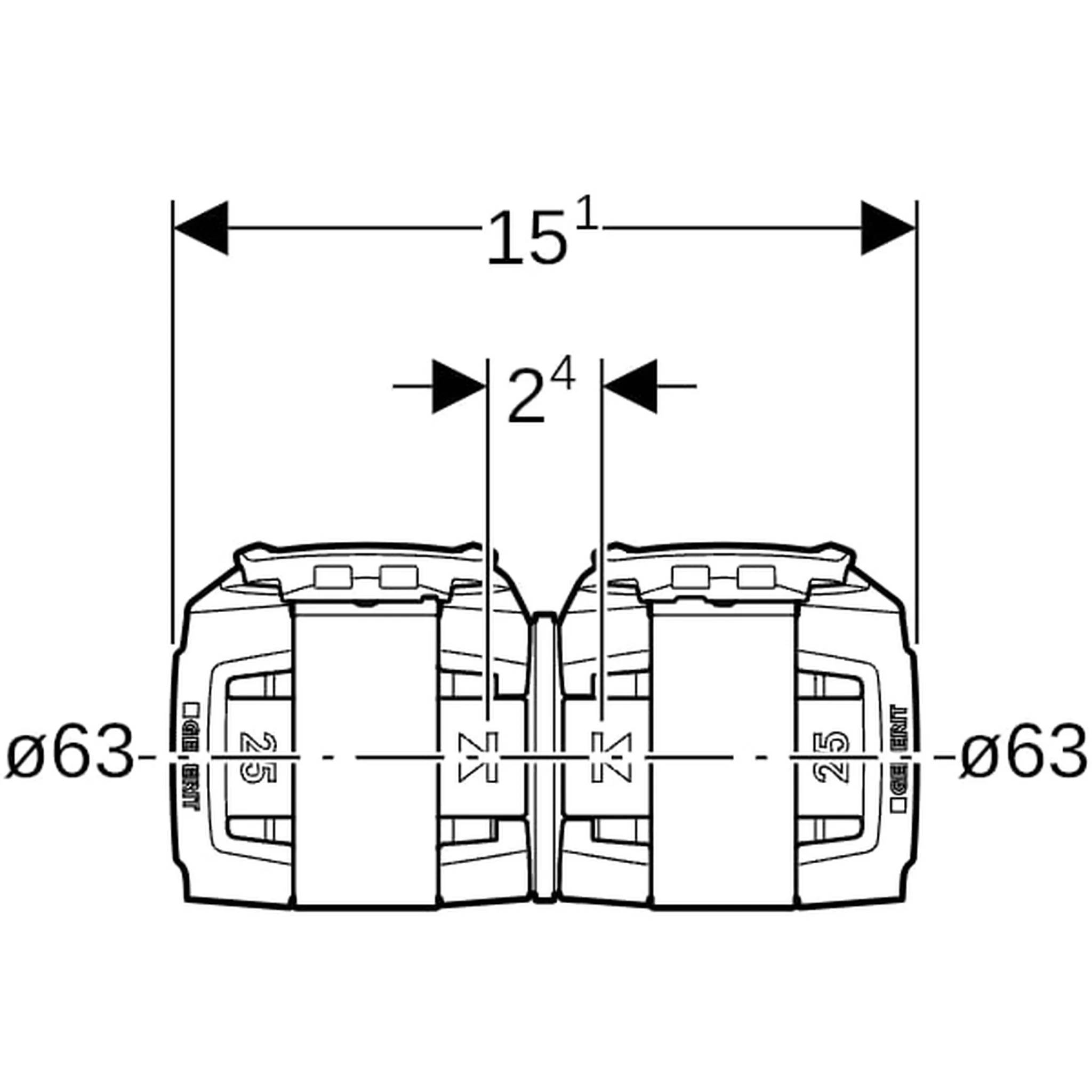 Technische Zeichnung zweier gespiegelter mechanischer Teile mit den Abmessungen 151, 24 und ø63.
