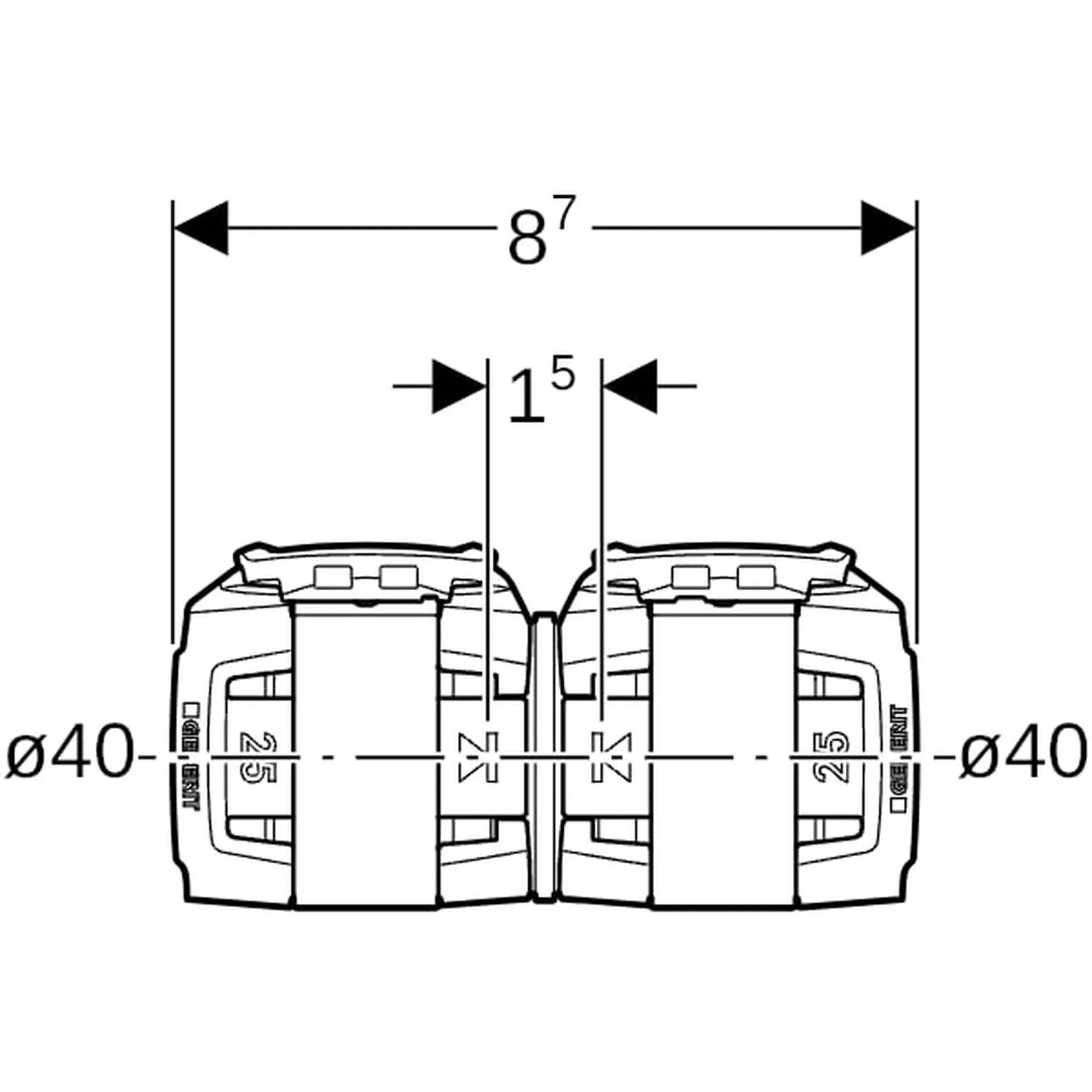 Technisches Diagramm zweier gespiegelter mechanischer Teile mit einer Gesamtbreite von 8'7
