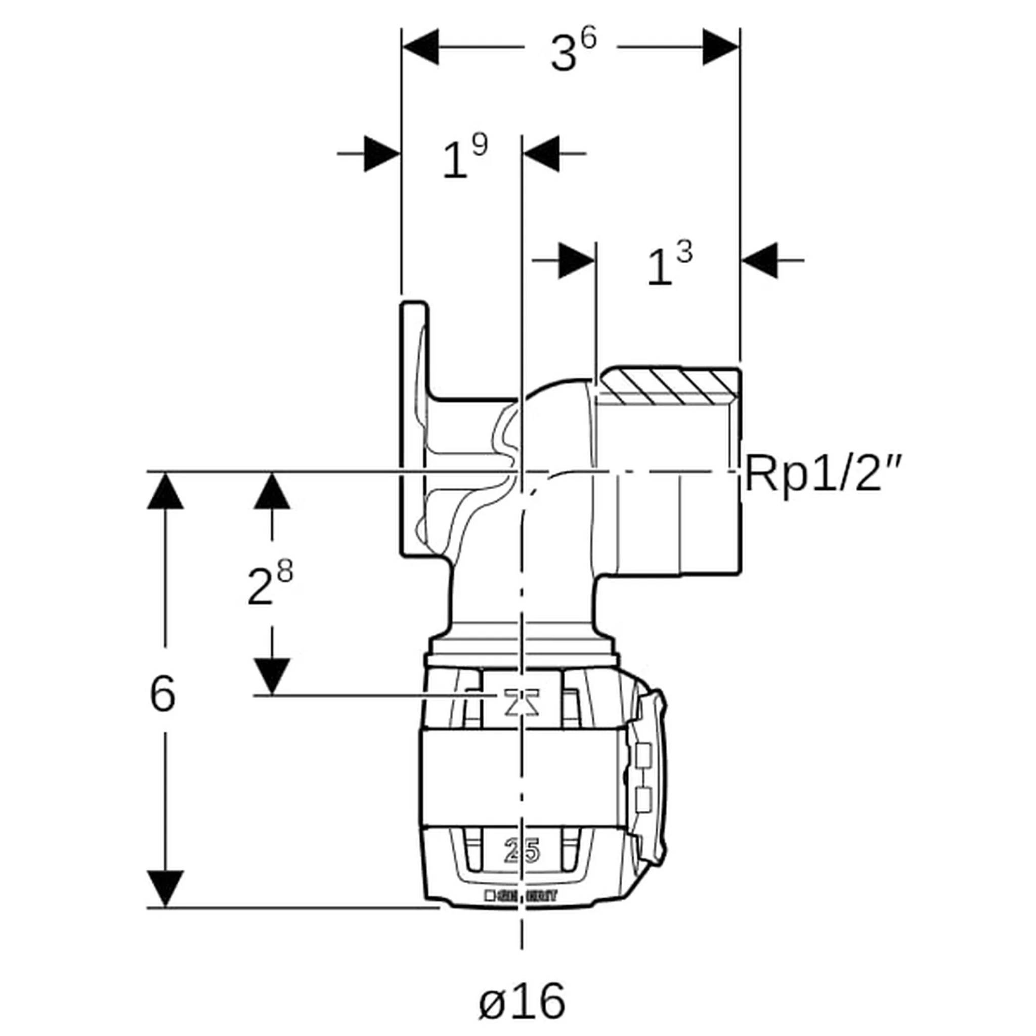 Technische Strichzeichnung einer Rohrventilfitting mit beschrifteten Abmessungen 6, 2 8, 3 6, 1 9, 1 3, Rp1/2