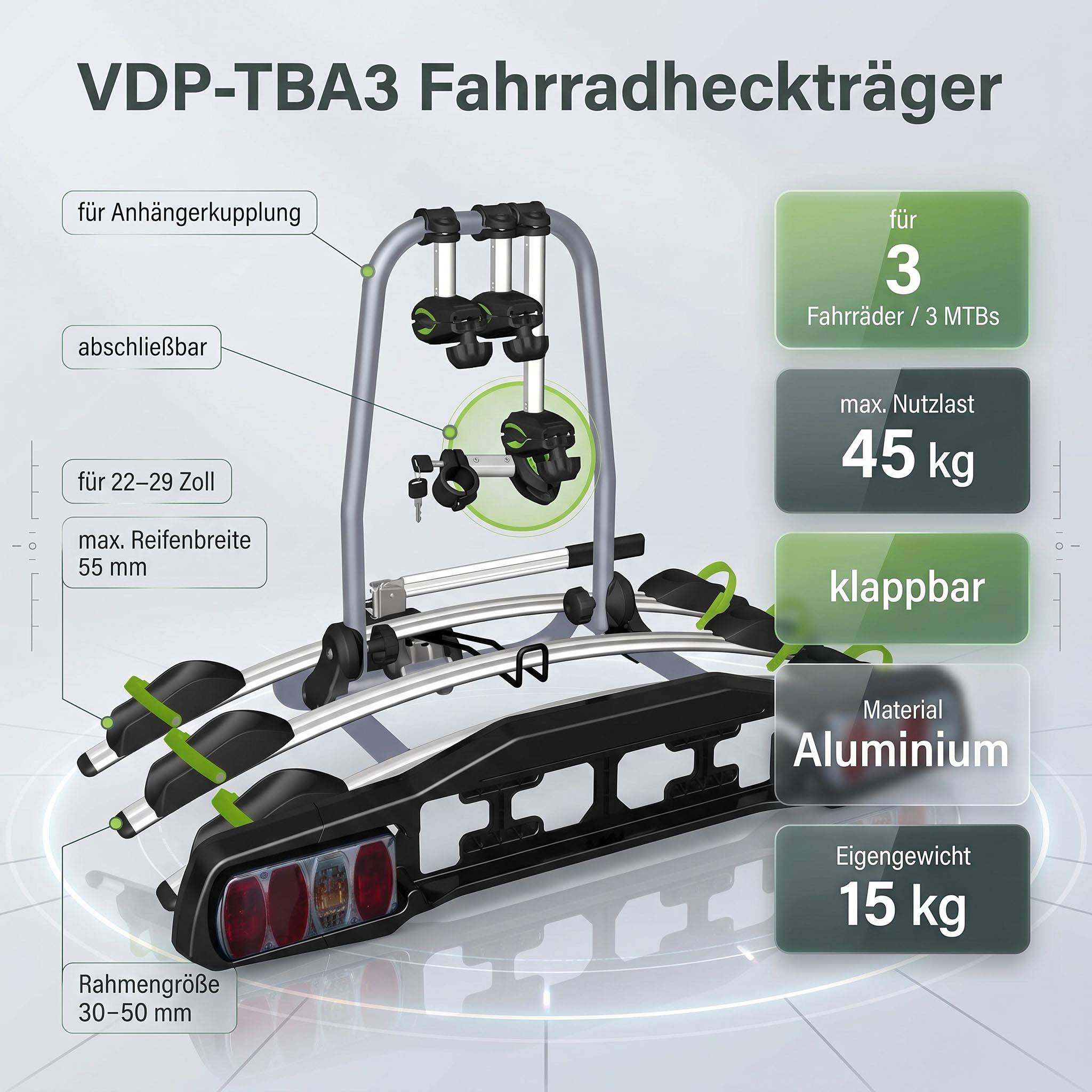 Heckträger VDP-TBA3 Fahrradträger abschließbar 3 Räder klappbar für AHK