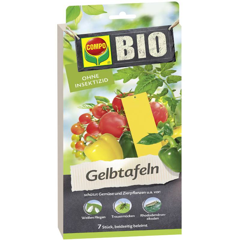Eine Schachtel mit gelben Klebefallen für Pflanzen, beschriftet mit 'Compo Bio Gelbtafeln'. Sie schützt Gemüse und Zierpflanzen vor verschiedenen Schädlingen.