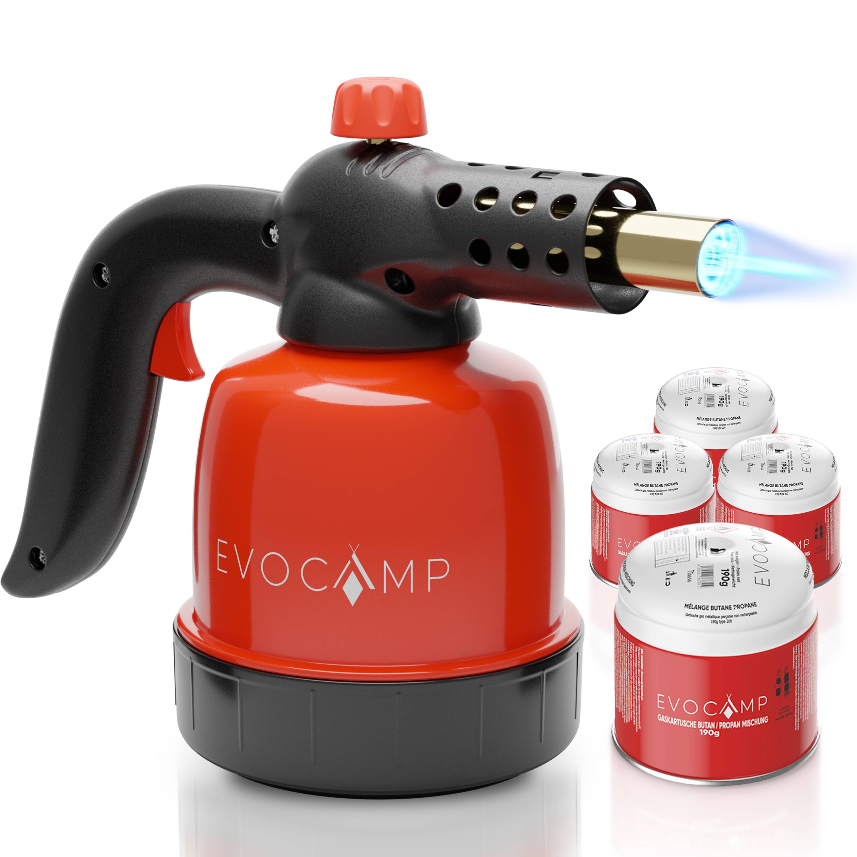 EVOCAMP Flambierbrenner Gasbrenner 1,3 kW, Küchenbrenner, Lötlampe mit Piezozündung + 4 Gaskartuschen 190g