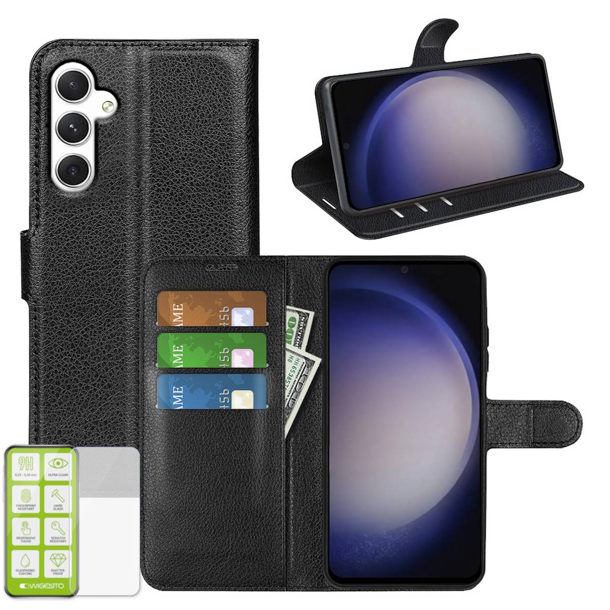 Für Samsung Galaxy S24 Produktset Handy Tasche Schwarz + H9 Hart Glas