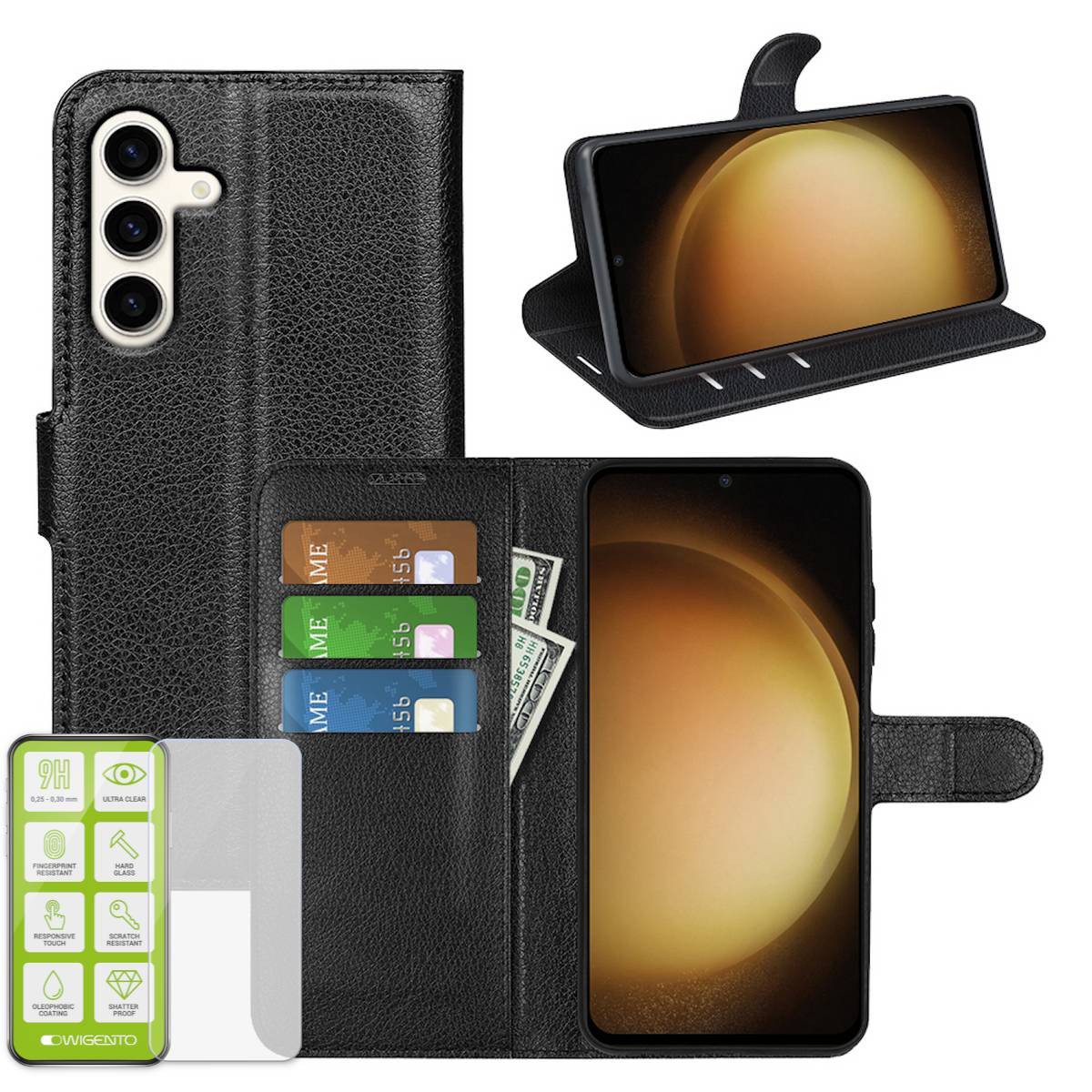Für Samsung Galaxy S24 Plus Produktset Book Tasche Schwarz + Hart Glas