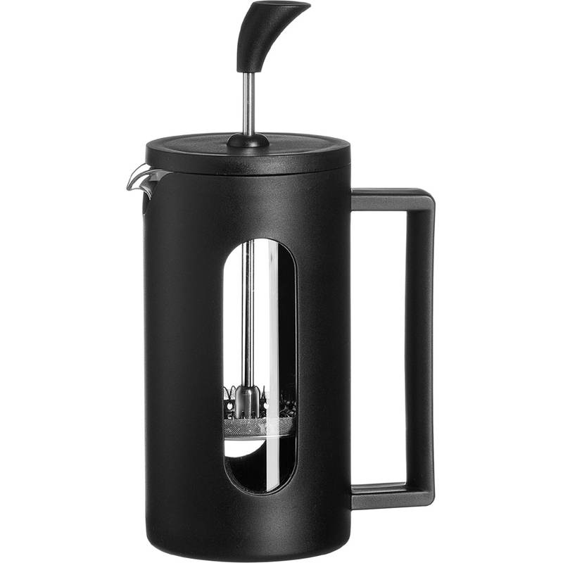 Ein schwarzer French Press Kaffeebrüher mit einem Glasfenster und einem Metallstempel wird gezeigt.