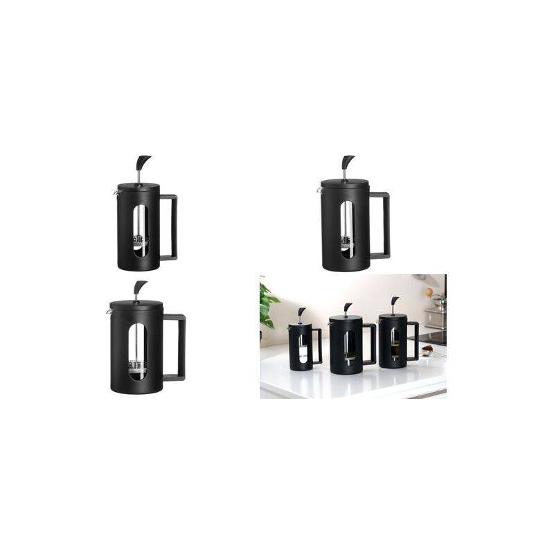 Satz schwarzer französischer Prestkaffeemaker aus mehreren Blickwinkeln gezeigt, einschließlich eines Gruppenfotos auf einer weißen Arbeitsplatte.