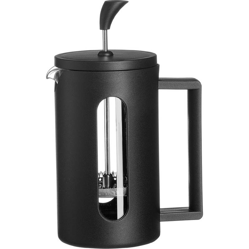 Ein schwarzer French Press Kaffeebereiter mit seitlichem Griff und sichtbarem Innenraum durch einen Ausschnitt am Körper.