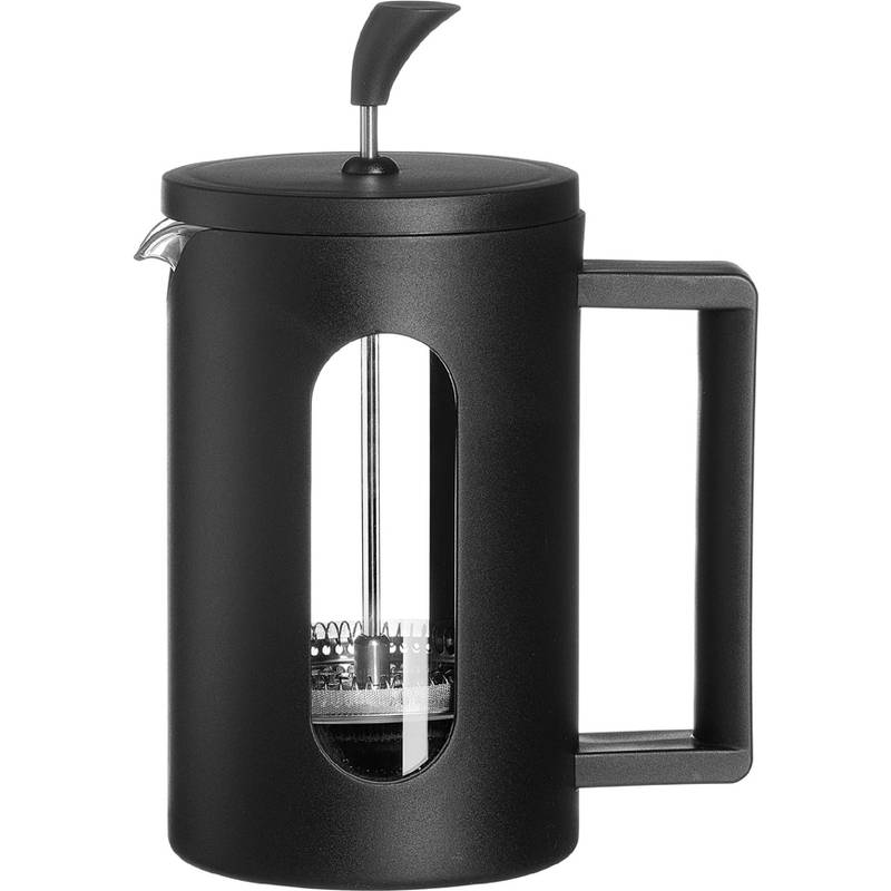 Ein schwarzer French Press Kaffeebrüher mit einem Griff und einem Stempel, der zwei ovale Fenster an den Seiten aufweist, die den Stempelmechanismus im Inneren zeigen.