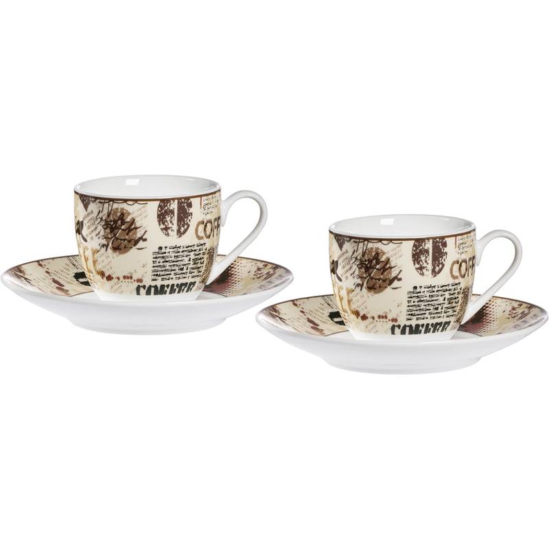 Zwei passende gemusterte Kaffeetassen auf Untertassen, gezeigt in einem Produktfoto vor weißem Hintergrund.