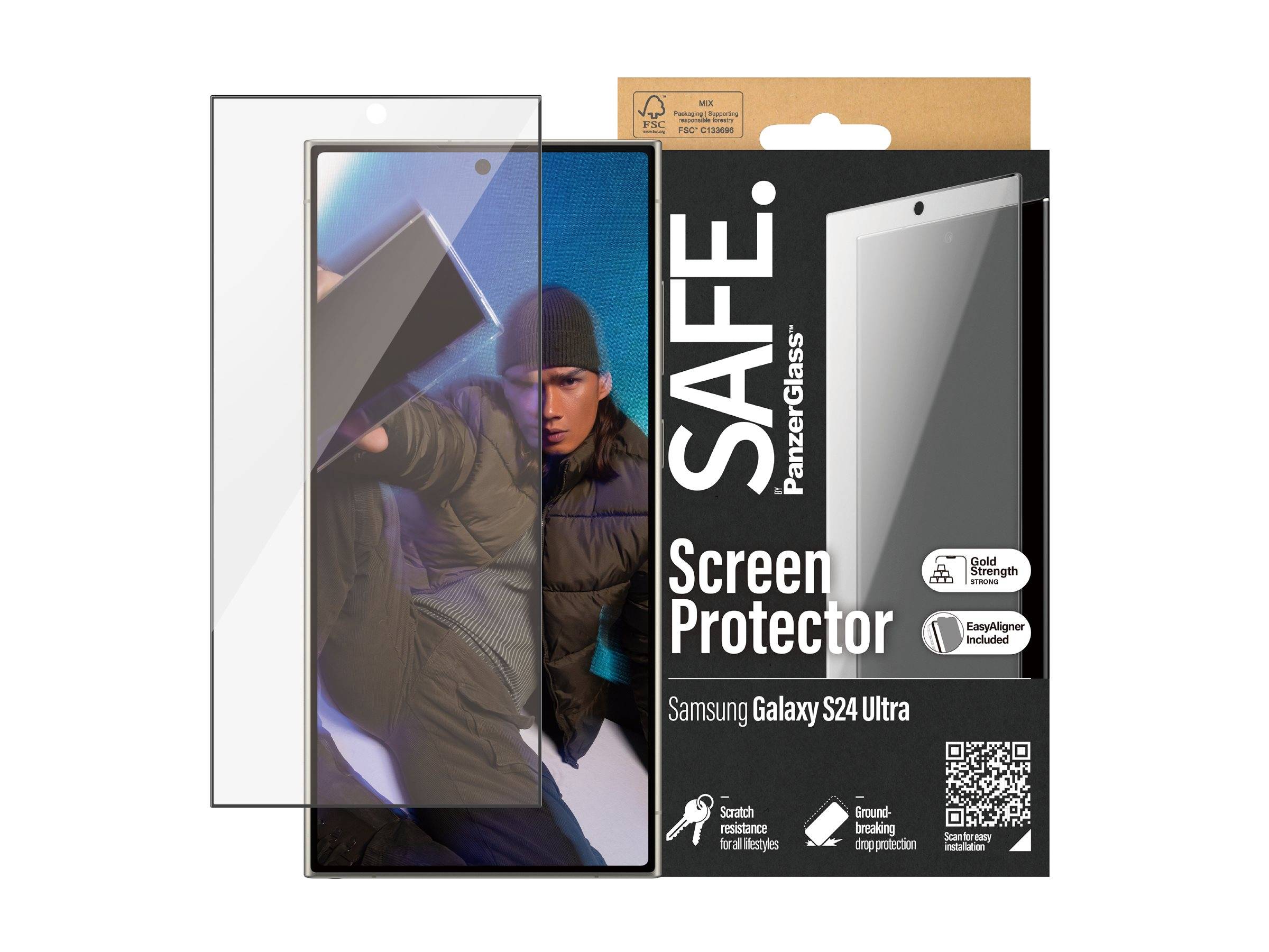 Verpackung für SAFE Brand Displayschutzfolie für Samsung Galaxy S24 Ultra, mit einer Glaskschutzfolie und einem Telefonanzeige-Bild.
