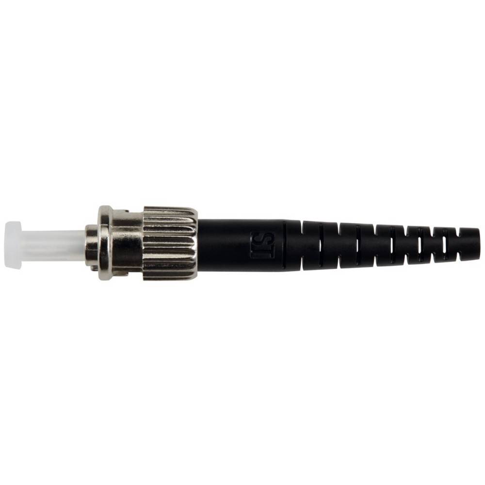Ein schwarzer und metallischer Lichtwellenleiter-Stecker mit gerilltem Griff und zylindrischem Ende, der zum Verbinden von Lichtwellenleiterkabeln in Netzwerken verwendet wird.